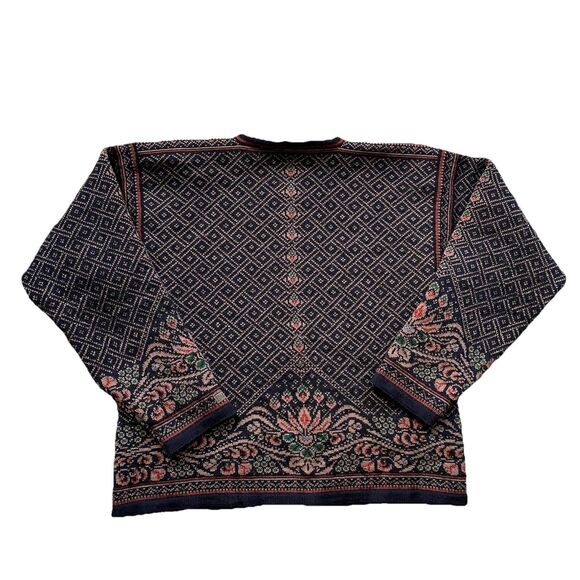 Vintage Dale Of Norway Cardigan Black Wool Sweater Large Floral Diamond - Picture 2 of 8